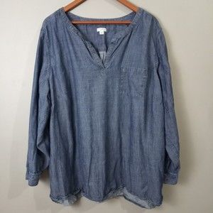 J. Jill Denim Womens Plus 3XL Chambray Long Sleeve Blouse Linen Blend